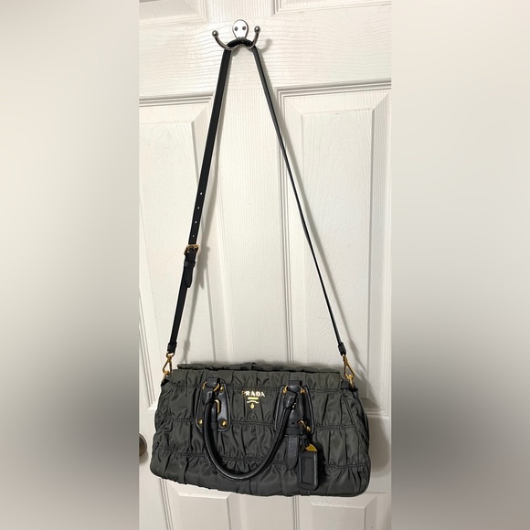 PRADA Tessuto Gaufre Gathered Gray Bag Handbag Shoulder Bag Crossbody w/COA - Picture 1 of 17